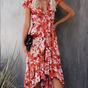Red floral high low maxi dress